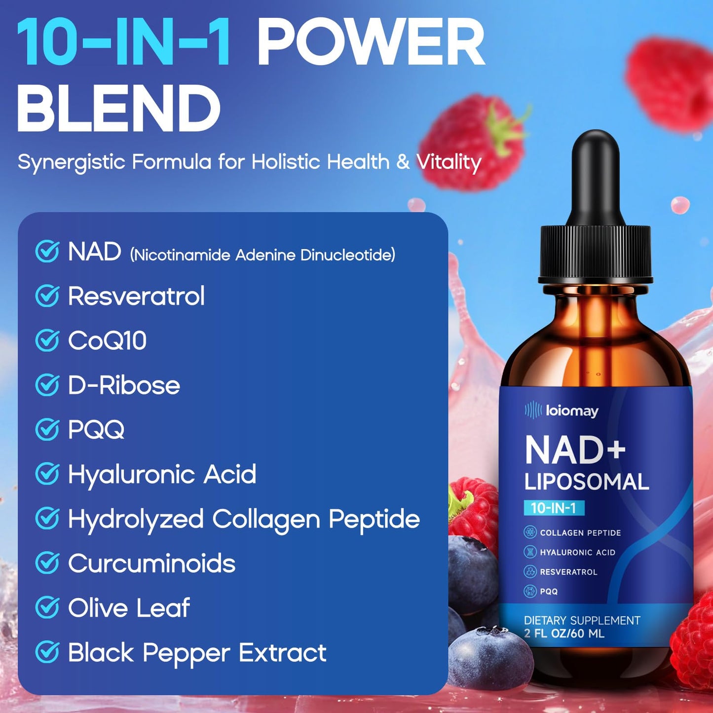 Liposomal NAD+ Liquid Drops 1500mg – Resveratrol, NR, PQQ, Collagen & Turmeric