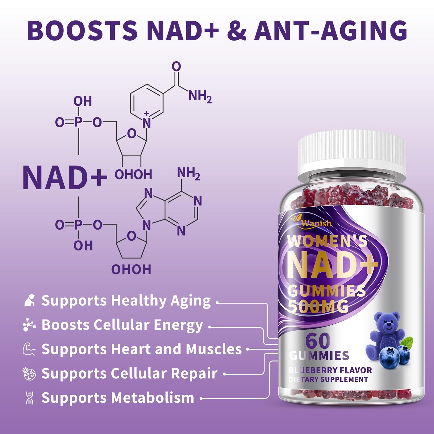 3 Pack NAD Gummies for Women - 500mg NAD, Vegan, Sugar-Free, Blueberry