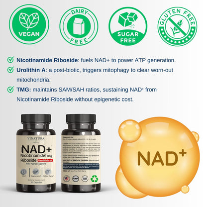 NAD+ Supplement – Nicotinamide Riboside + Resveratrol, TMG & Urolithin A | 30 Vegan Capsules