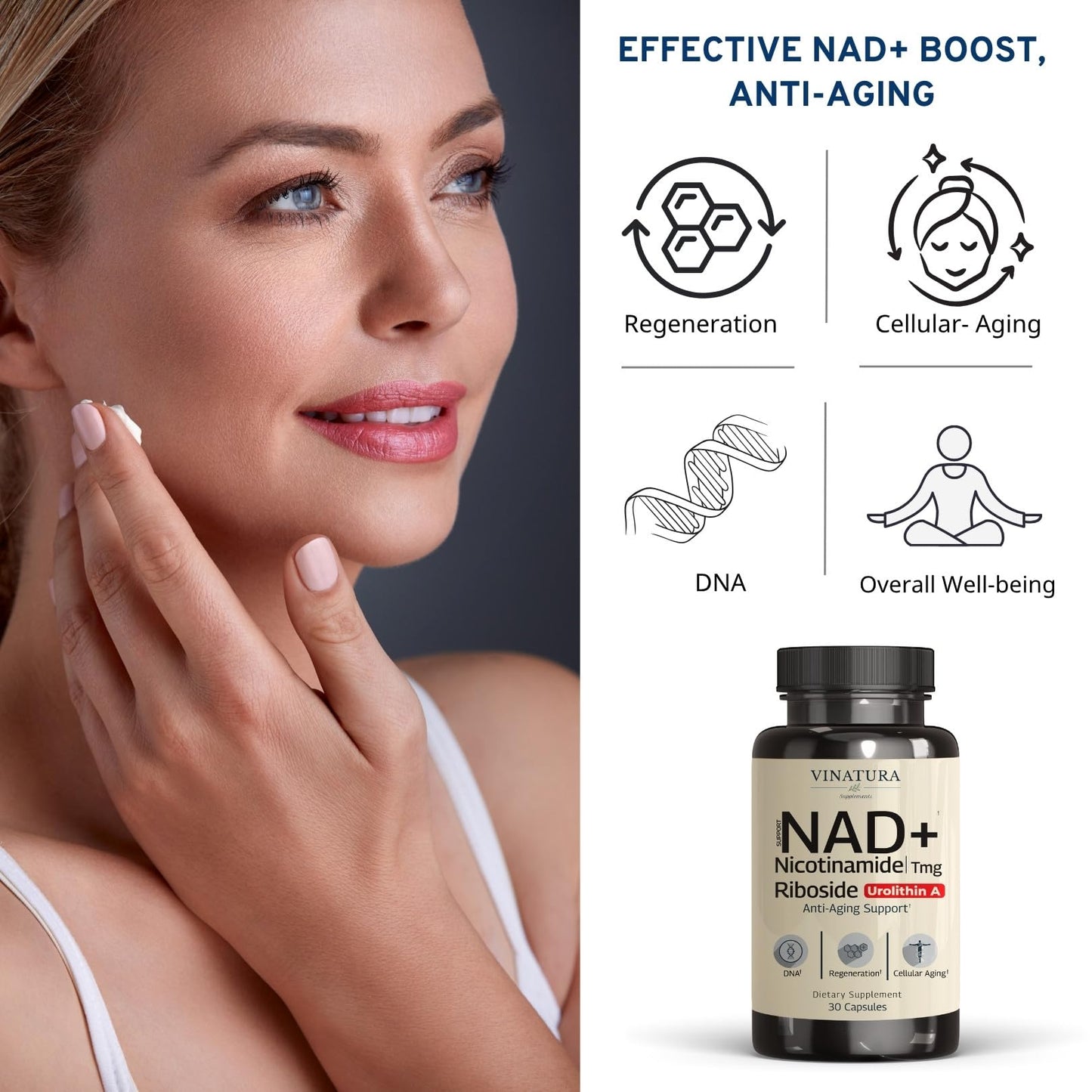 NAD+ Supplement – Nicotinamide Riboside + Resveratrol, TMG & Urolithin A | 30 Vegan Capsules