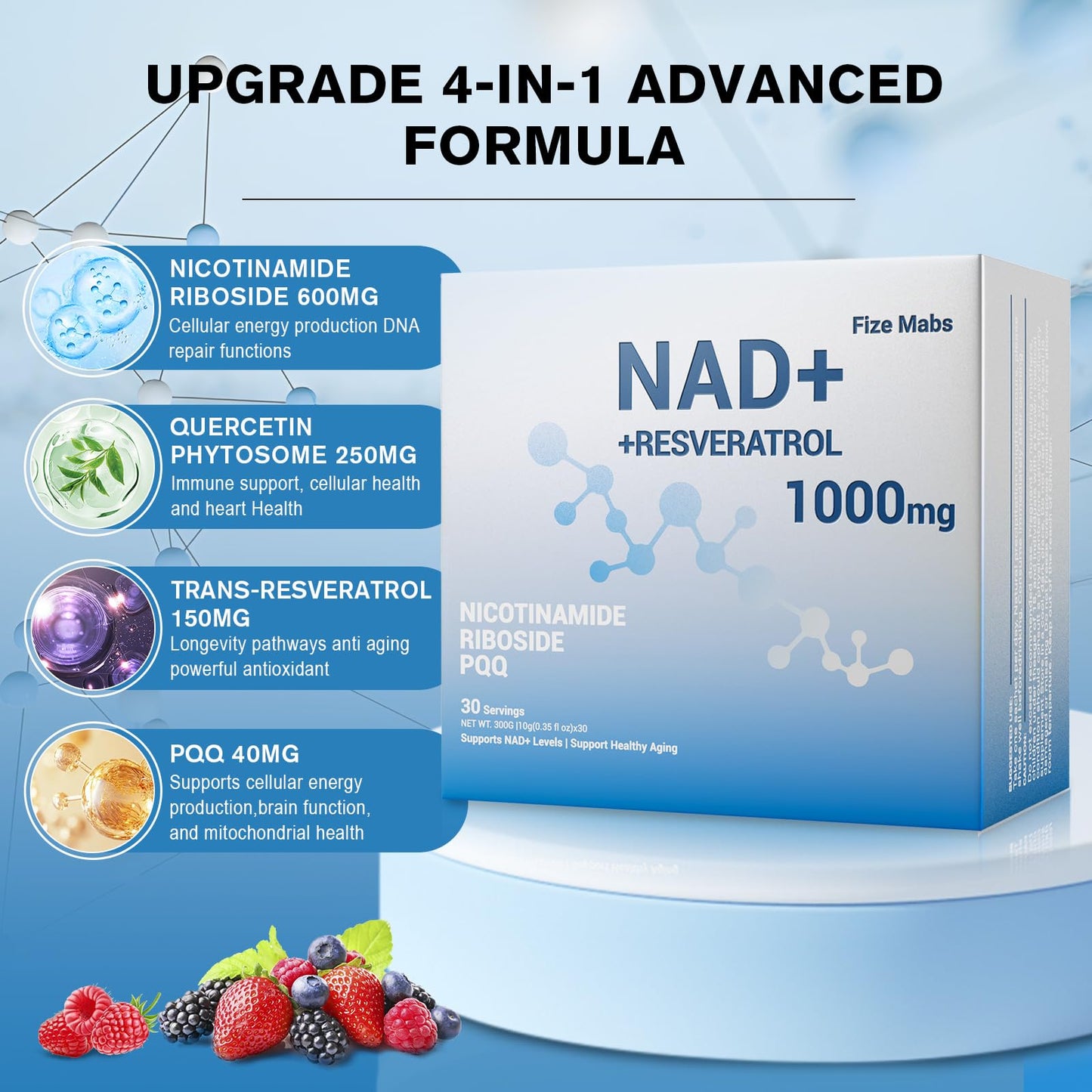 Premium NAD+ Liquid 1000mg | NR, Resveratrol & PQQ | Organic, Fast-Absorbing - 30 Packs