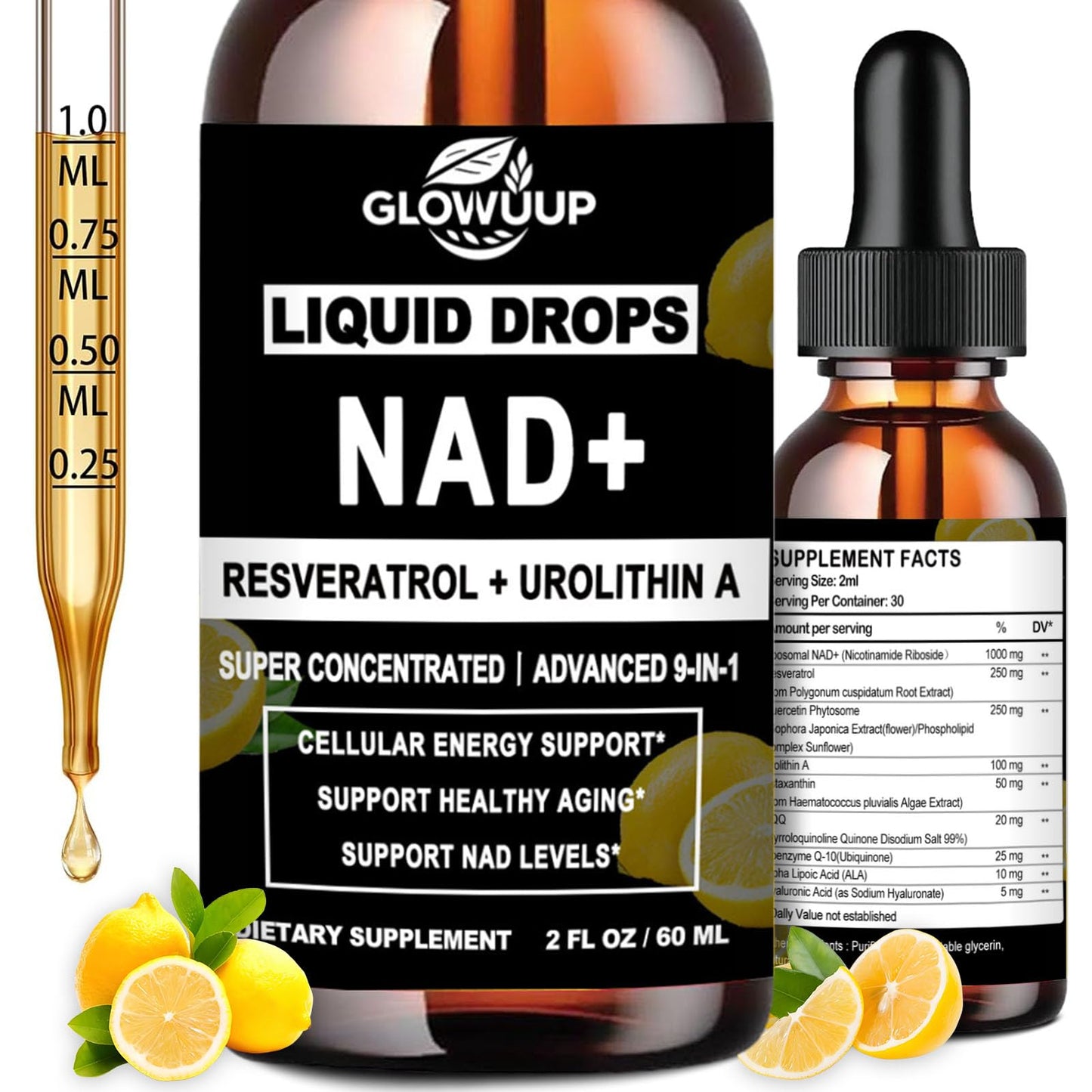 NAD+ Liquid Drops with Urolithin A – Extra Strength Liposomal NAD Supplement for Women & Men | CoQ10, Resveratrol, Alpha Lipoic Acid & Astaxanthin