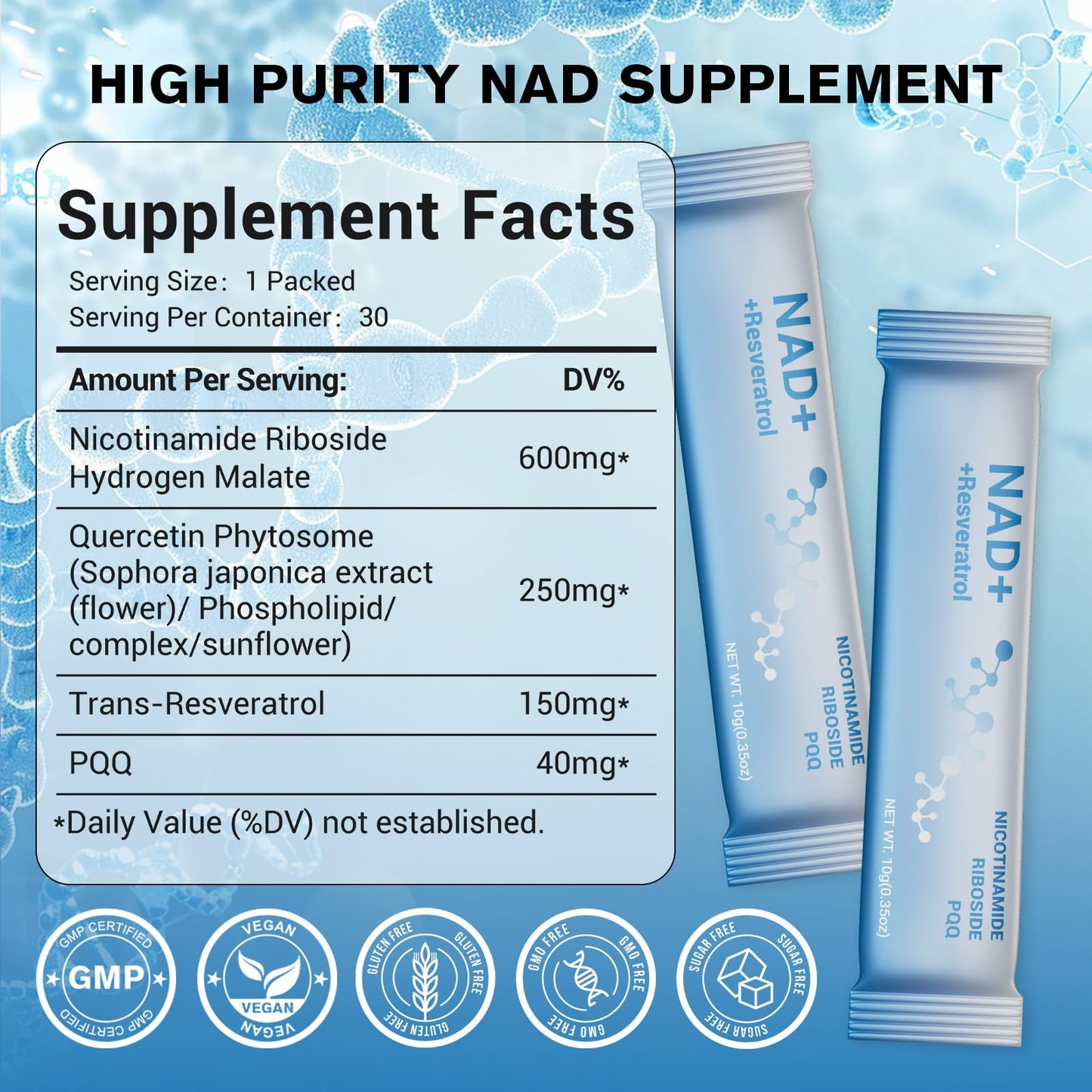 Premium NAD+ Liquid 1000mg | NR, Resveratrol & PQQ | Organic, Fast-Absorbing - 30 Packs