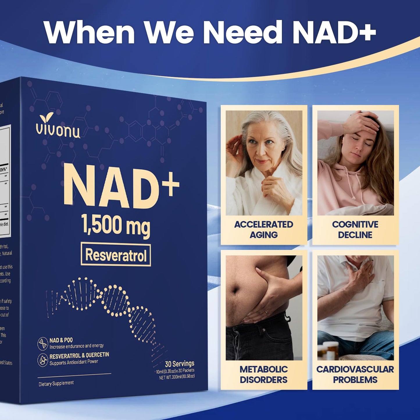 NAD Liquid Supplement 1500mg - Extra Strength NAD+ with Nicotinamide Riboside, Quercetin Phytosome, Resveratrol & PQQ (30 Pack, Berry Flavor)