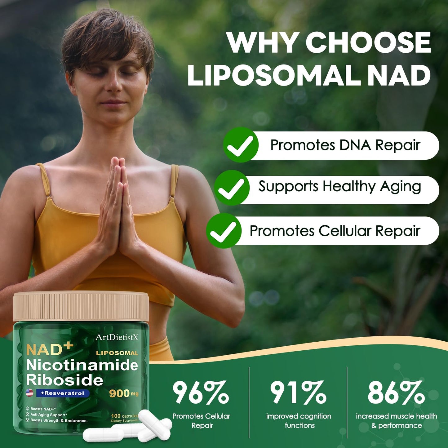 NAD+ NMN 900mg Liposomal NR with Resveratrol – 100 Capsules