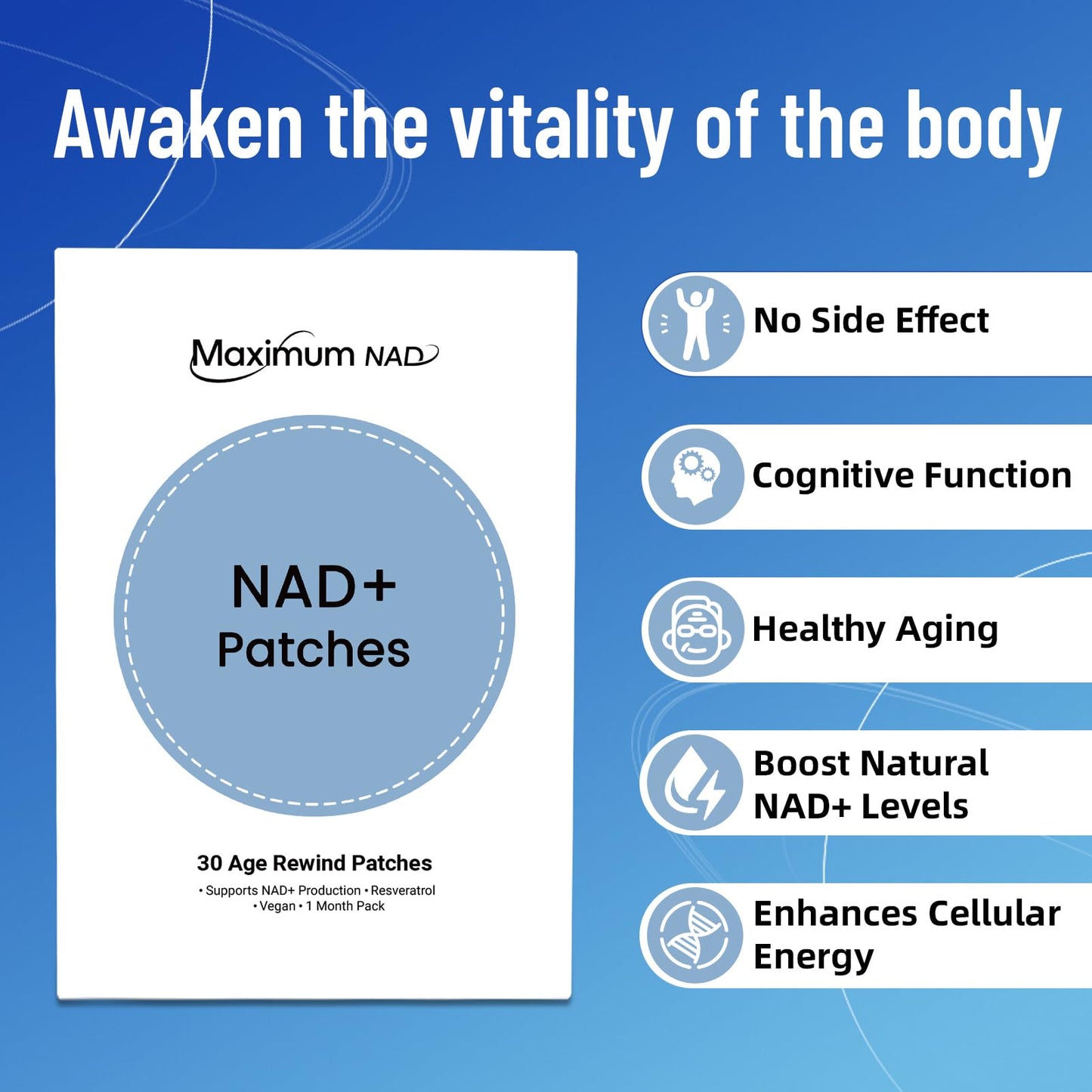 NAD+ Patches for Women & Men - Nicotinamide + Resveratrol, 8-Hour Extended-Release, Vegan