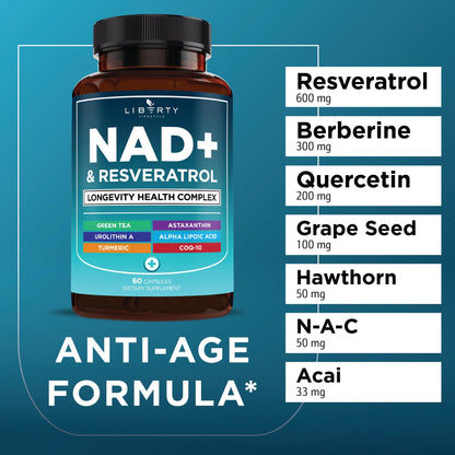 NAD+ 300 mg Complex with Astaxanthin, Urolithin A, Resveratrol & CoQ10 – 120 Vegan Capsules