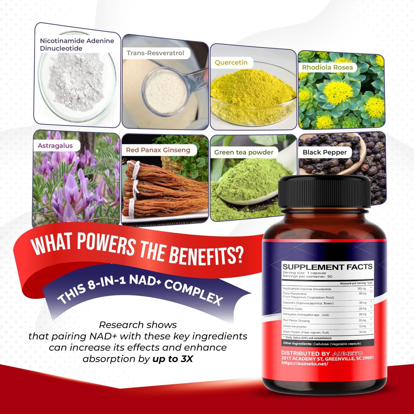 NAD+ 350mg with Trans-Resveratrol, Quercetin & Rhodiola – Cellular Energy, Healthy Aging & Heart Wellness – 90 Capsules – Non-GMO, Made in USA