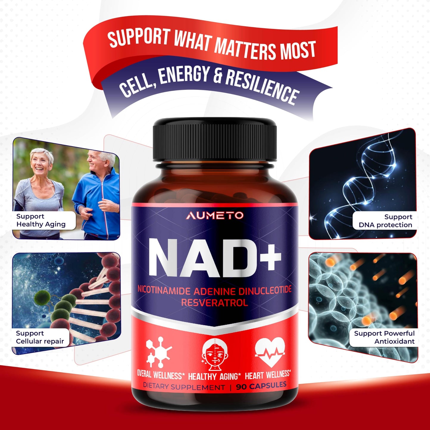 NAD+ 350mg with Trans-Resveratrol, Quercetin & Rhodiola – Cellular Energy, Healthy Aging & Heart Wellness – 90 Capsules – Non-GMO, Made in USA