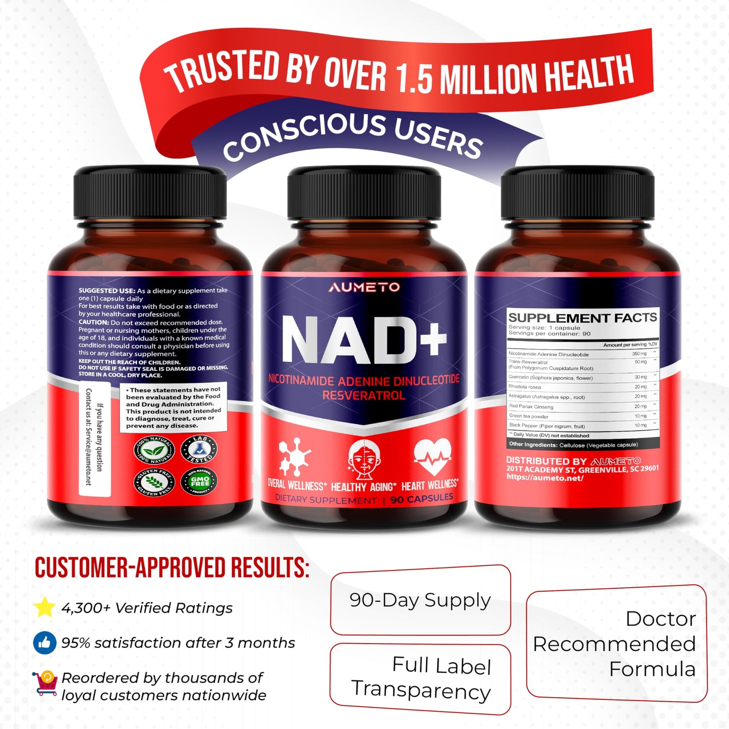NAD+ 350mg with Trans-Resveratrol, Quercetin & Rhodiola – Cellular Energy, Healthy Aging & Heart Wellness – 90 Capsules – Non-GMO, Made in USA