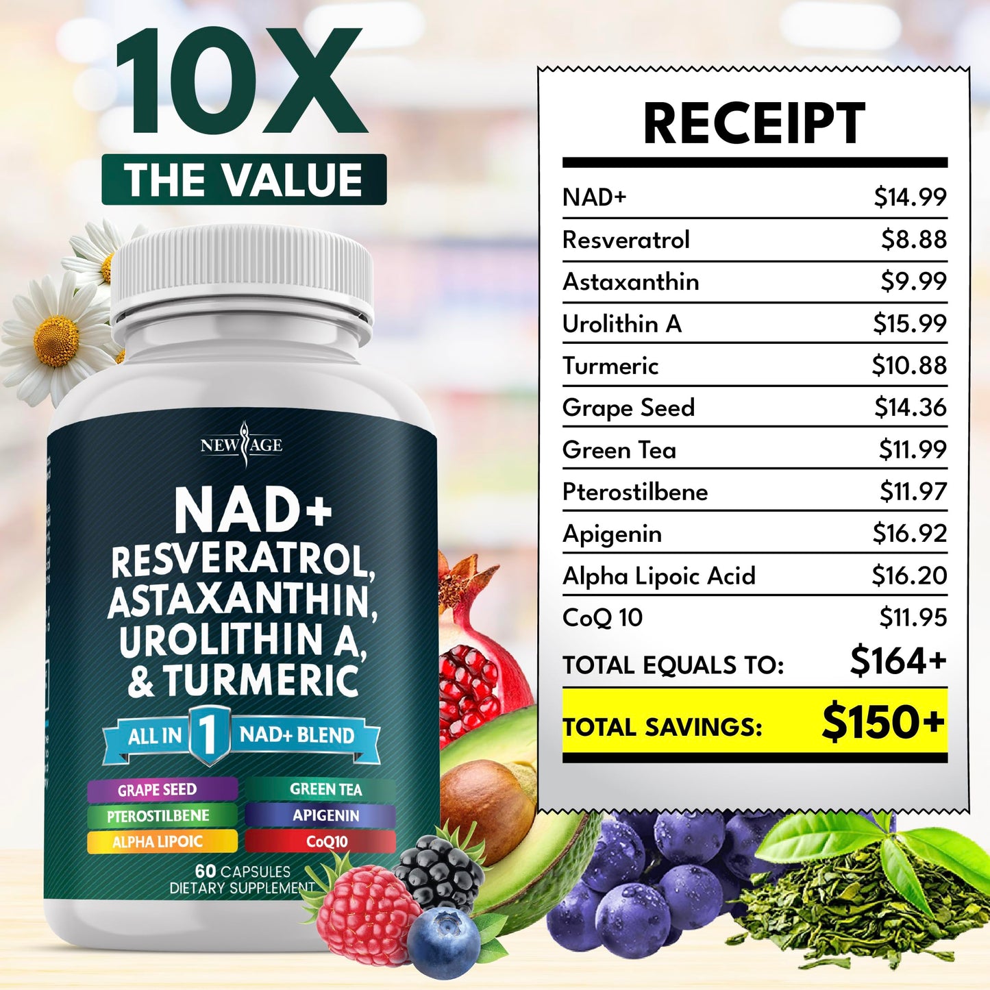 NAD+ Supplement with Astaxanthin, Urolithin A, Resveratrol & CoQ10 | Cellular Energy & Mitochondrial Support | Vegan, Non-GMO | 60 Count