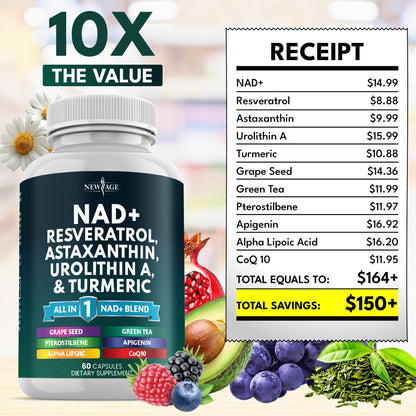 NAD+ Supplement with Astaxanthin, Urolithin A, Resveratrol & CoQ10 | Cellular Energy & Mitochondrial Support | Vegan, Non-GMO | 60 Count