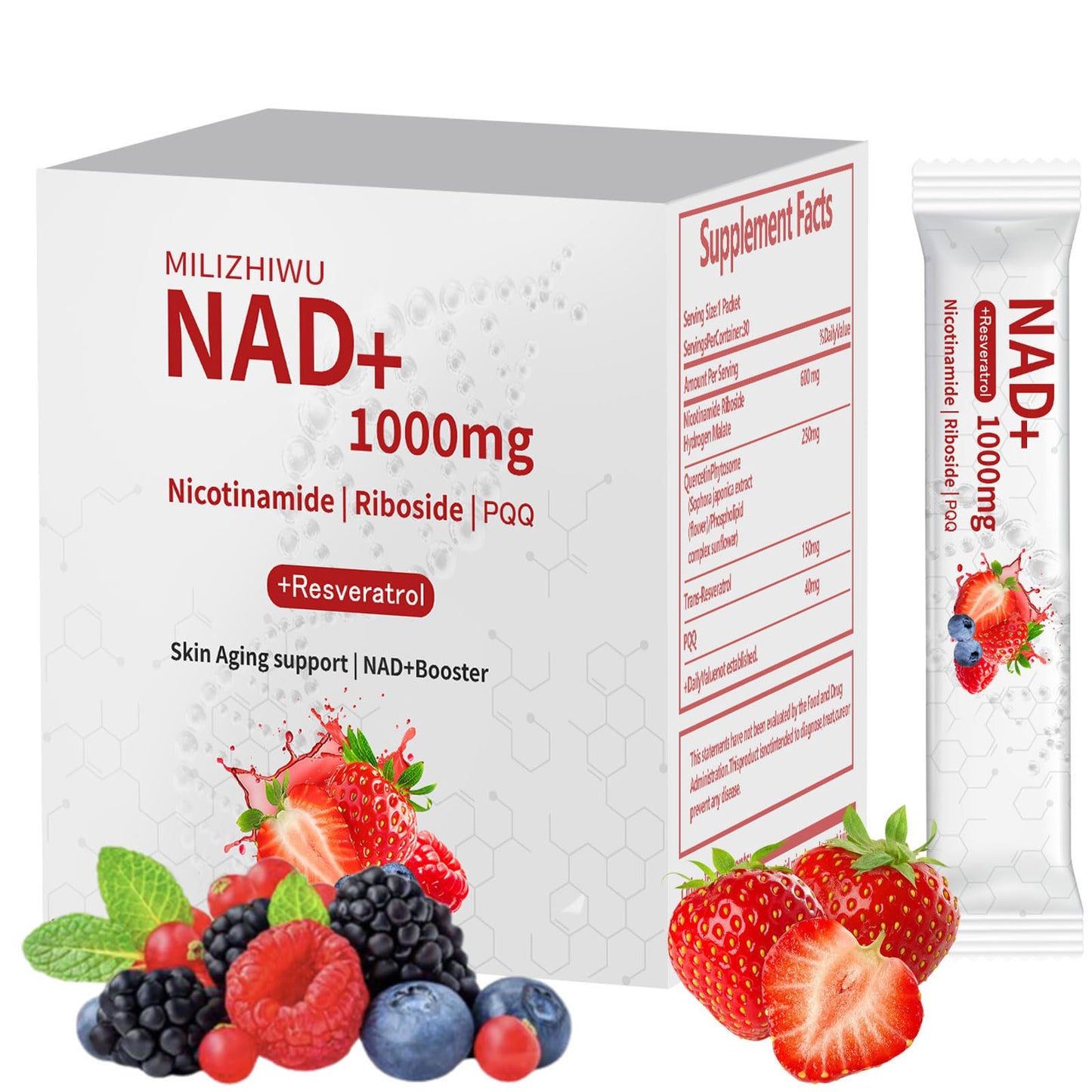 NAD+ Berry Flavor Drink Mix - 30 Pack | Nicotinamide Riboside, Resveratrol & PQQ
