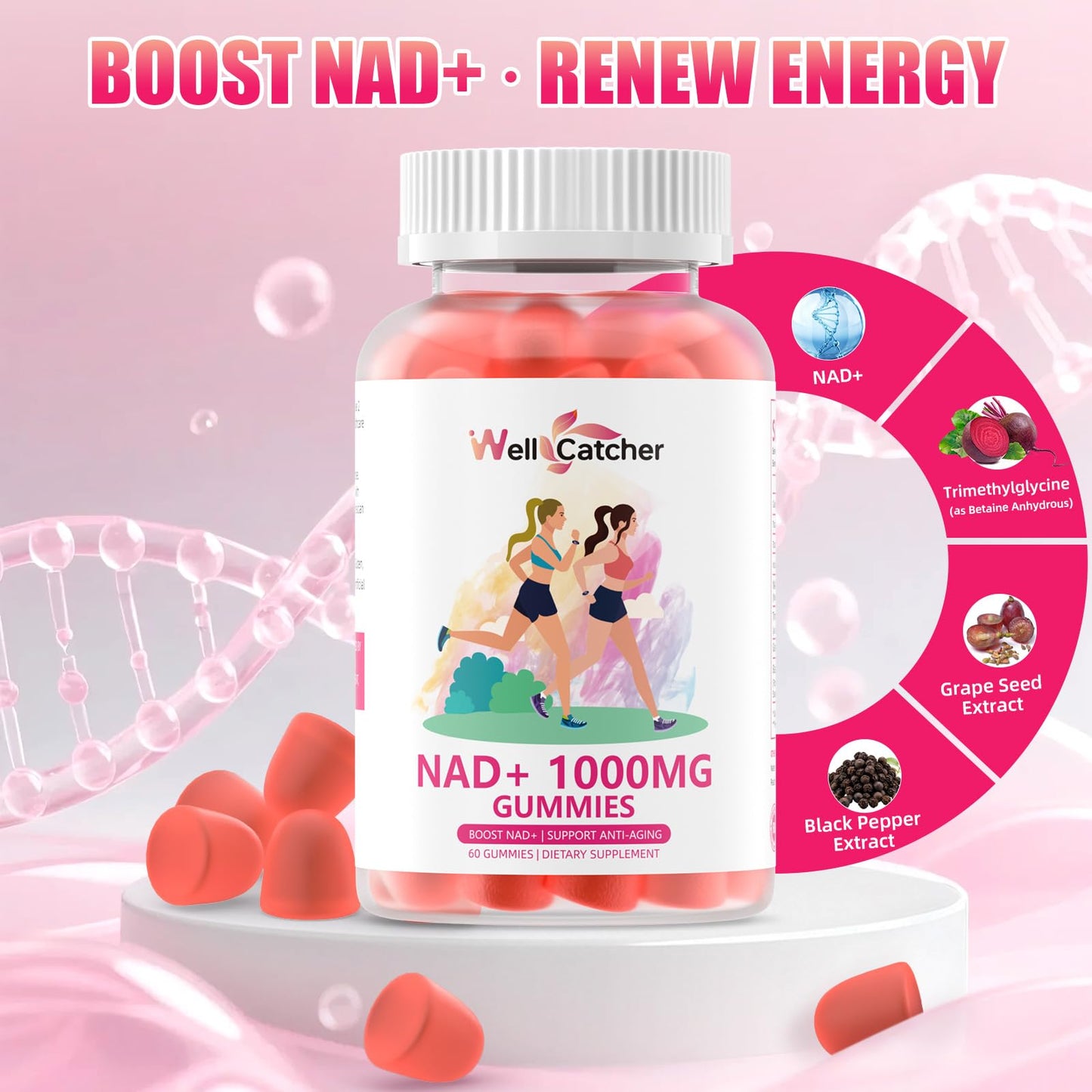 NAD+ Gummies 1000mg – Sugar Free Vitamin B3 Niacinamide (Peach, 60 Count) | NAD+ Boost & Anti-Aging