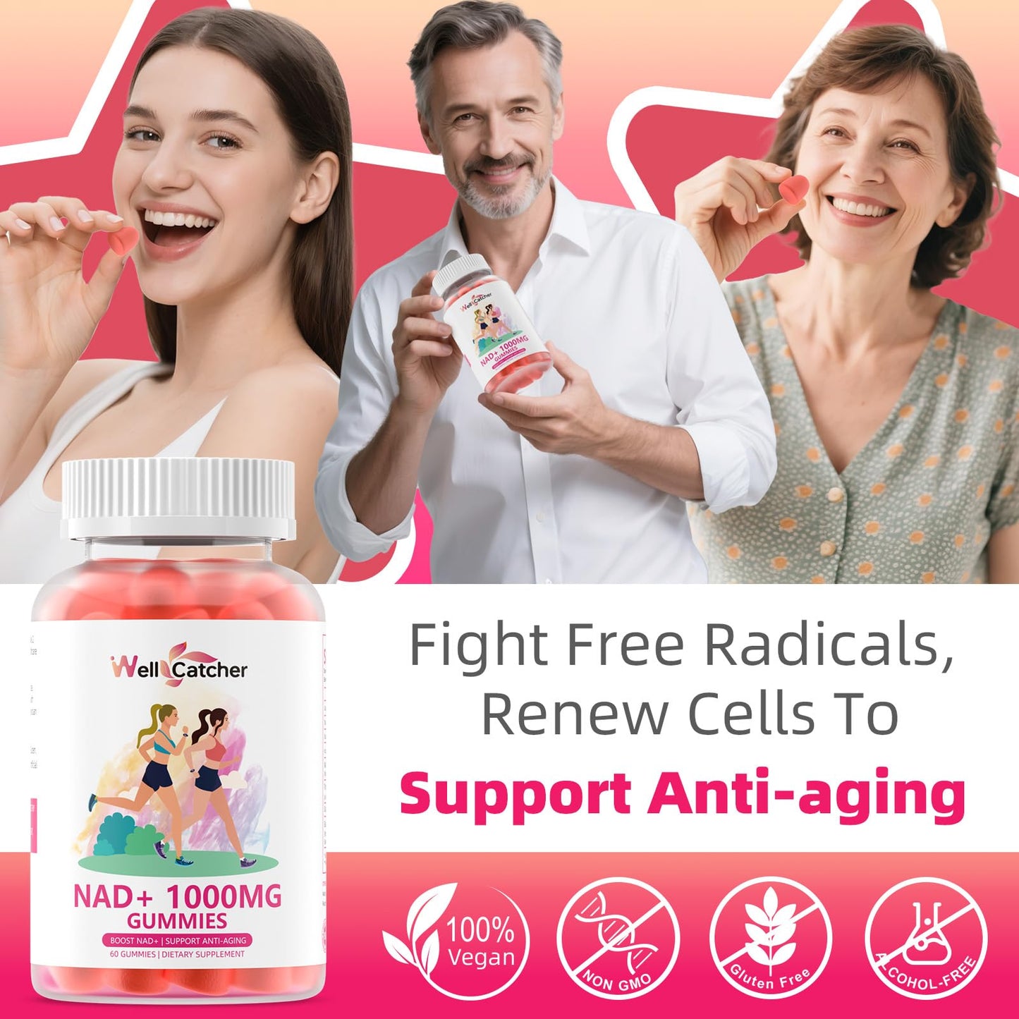 NAD+ Gummies 1000mg – Sugar Free Vitamin B3 Niacinamide (Peach, 60 Count) | NAD+ Boost & Anti-Aging