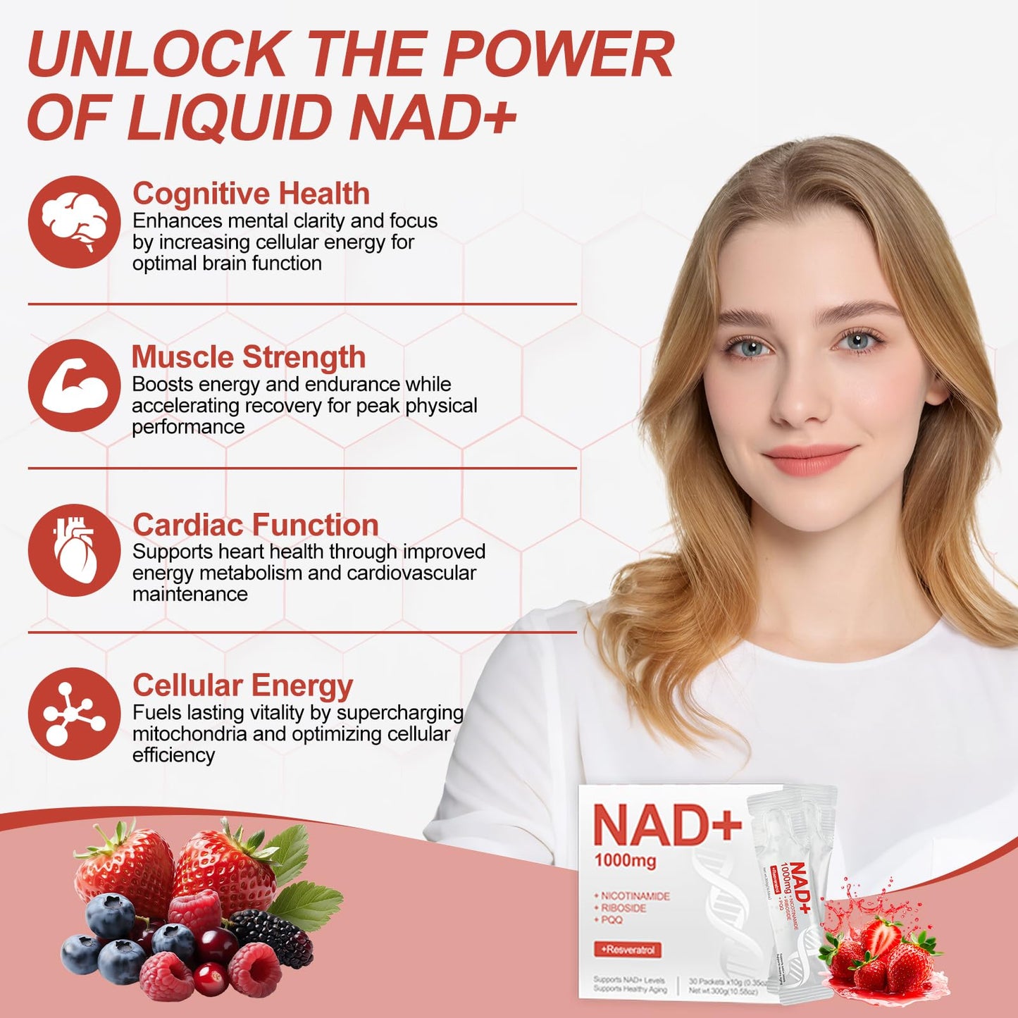 NAD+ Liquid Supplement 1000mg – NR, Resveratrol & PQQ | Berry Flavor | 30 Packs