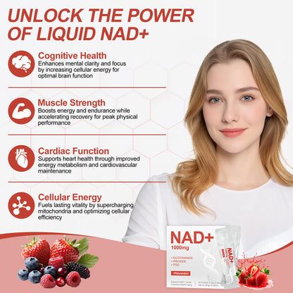 NAD+ Liquid Supplement 1000mg – NR, Resveratrol & PQQ | Berry Flavor | 30 Packs