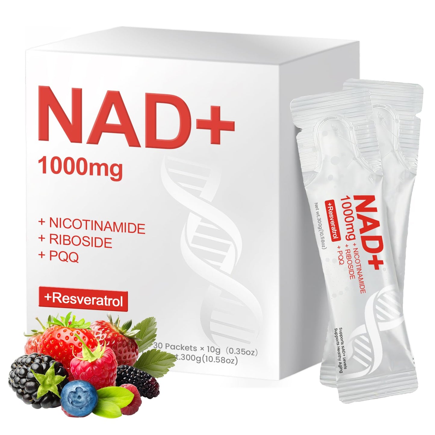 NAD+ Liquid Supplement 1000mg – NR, Resveratrol & PQQ | Berry Flavor | 30 Packs