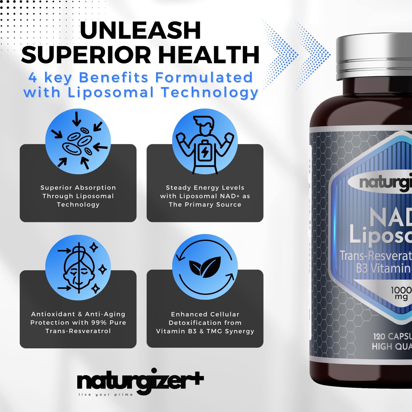 Nad+ + Resveratrol 1000mg Organic – B3, TMG | 120 Caps