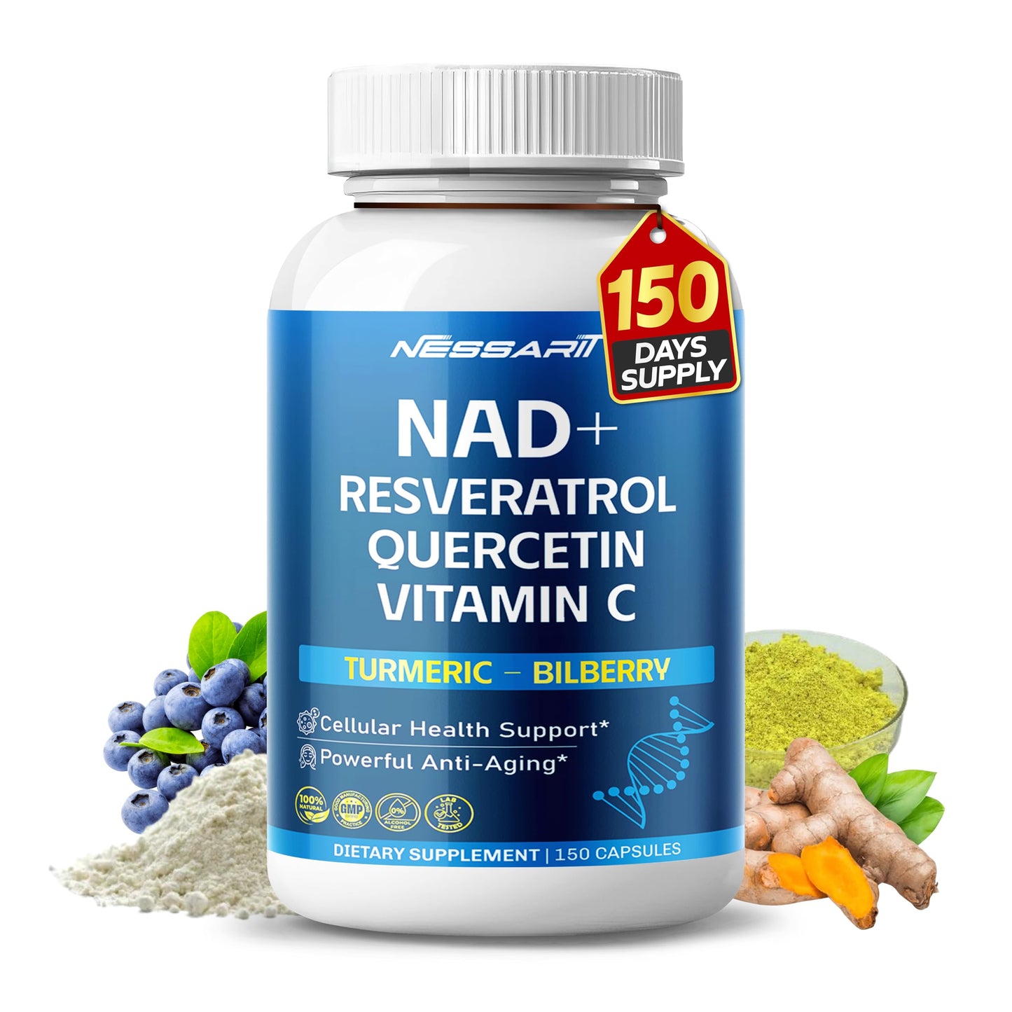 NAD+ Resveratrol Supplement - 10-in-1 Natural Blend with Quercetin, Turmeric, Berberine, Bilberry, Green Tea - 150 Count - Made & Tested in the USA