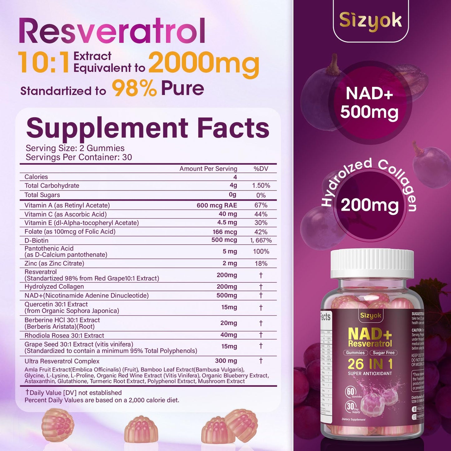 NAD Resveratrol Gummies for Women – NAD+ Support, Antioxidants, 60 Gummies