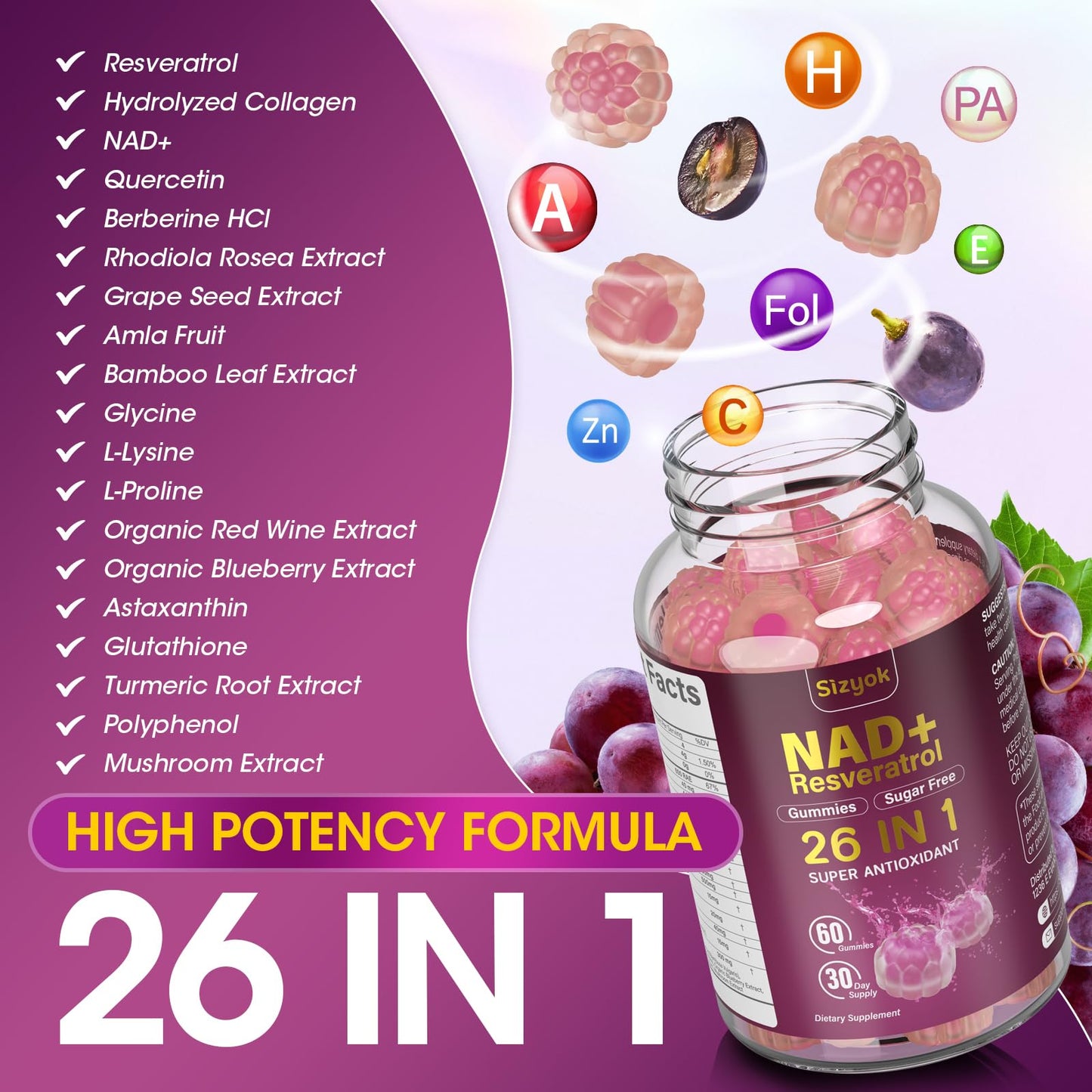 NAD Resveratrol Gummies for Women – NAD+ Support, Antioxidants, 60 Gummies