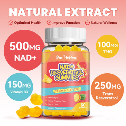 NAD+ Resveratrol Gummies - 500mg NAD+, 60 Vegan Gummies | 30-Day Supply