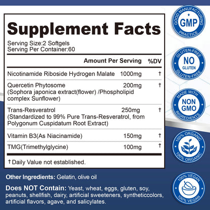 NAD Supplement Softgels 1700mg, Nad Supplements for Women & Men with Nicotinamide Riboside Quercetin Phytosome, Trans Resveratrol & TMG, Boost Energy & Anti-Aging Support 240-Count, 120 Days Supply