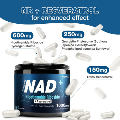 NAD+ Supplement 1000mg - NR & Resveratrol | Liposomal NAD for Brain, Energy & Healthy Aging | 80 Capsules