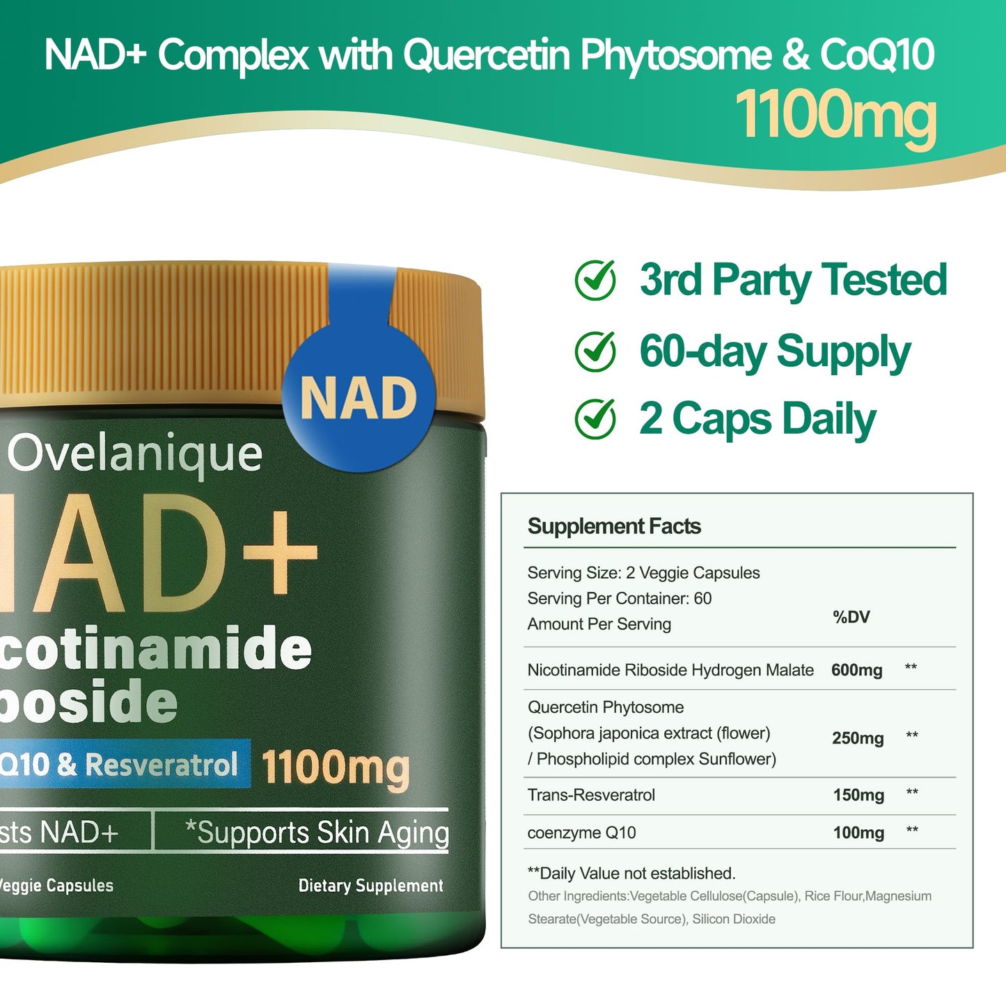 NAD+ Supplement 1100mg NR + Resveratrol | Liposomal Delivery | 120 Capsules