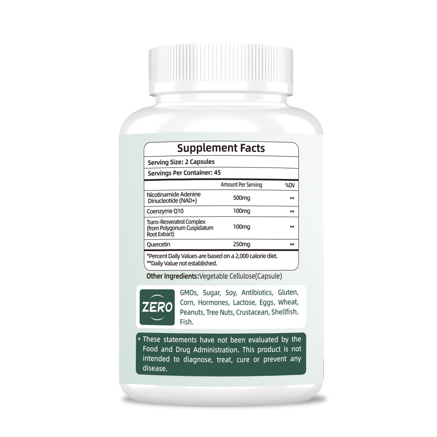 NAD Supplement 500mg - Pure Organic NAD+ for Women & Men | Trans-Resveratrol, CoQ10 & Quercetin