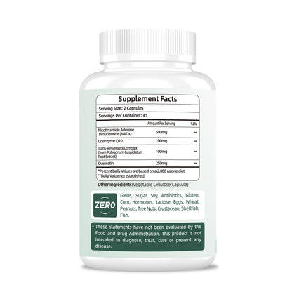 NAD Supplement 500mg - Pure Organic NAD+ for Women & Men | Trans-Resveratrol, CoQ10 & Quercetin