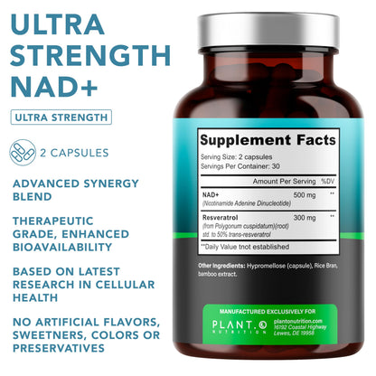 NAD Supplement High Purity (500mg of 95% Pure NAD Plus) with Resveratrol - NMN and Nicotinamide Riboside Alternative for Energy, Anti-Aging, Cell Regeneration, Focus – 60 Pills