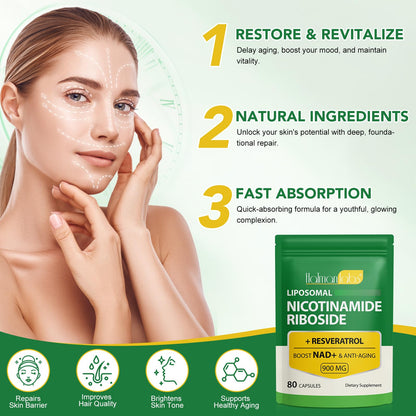 NAD Supplement - Liposomal Nicotinamide Riboside 900mg + Resveratrol & Quercetin | Ultra Strength 80 Capsules