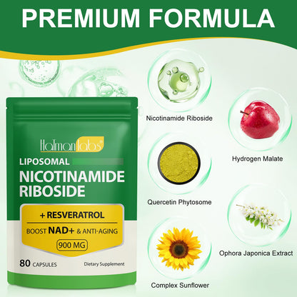 NAD Supplement - Liposomal Nicotinamide Riboside 900mg + Resveratrol & Quercetin | Ultra Strength 80 Capsules