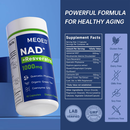 Liposomal NAD+ 1000mg Supplement with Resveratrol, CoQ10, Quercetin & Green Tea – 90 Capsules
