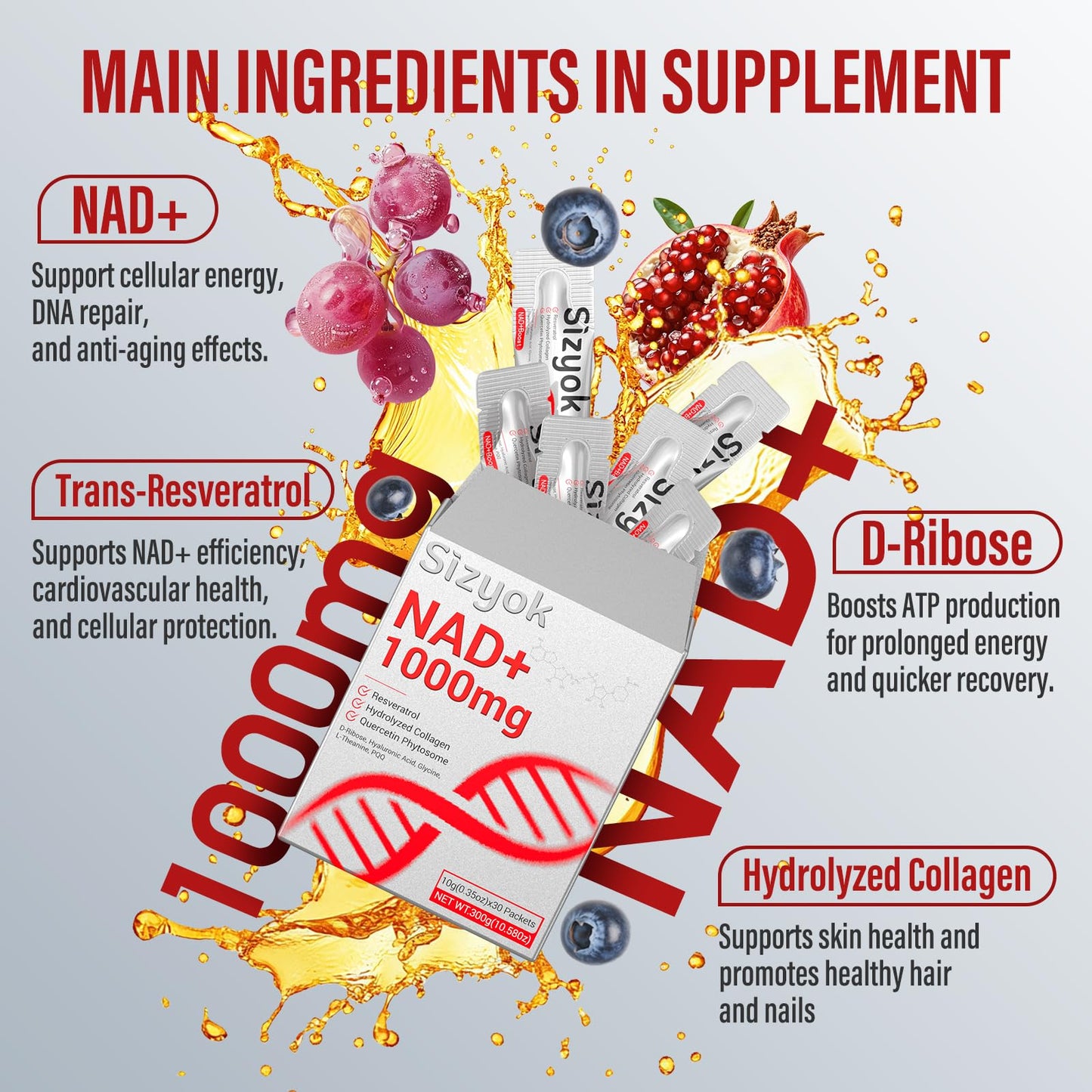 NAD+ 1000mg Liquid – High Absorption NAD+ with Trans-Resveratrol, Collagen & Hyaluronic Acid