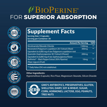 NAD+ Supplement with Nicotinamide Riboside, Resveratrol, Quercetin & BioPerine® | High Absorption