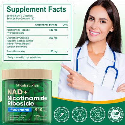 NAD+ Supplement - Liposomal Nicotinamide Riboside 910 mg with Resveratrol | 120 Capsules