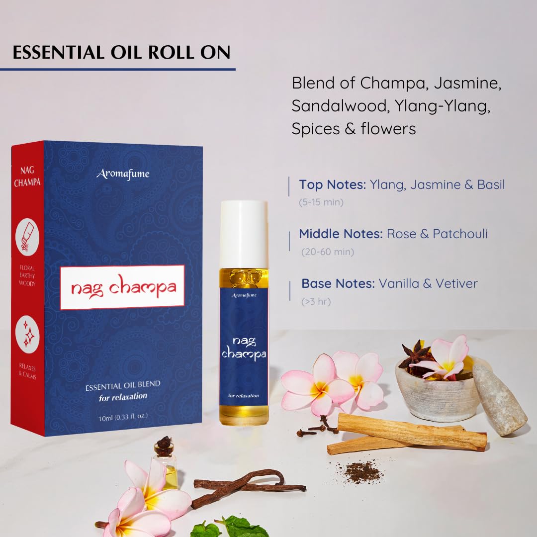 Nag Champa Essential Oil Roll-On Blend by Aromafume | 10ml | Sandalwood, Jasmine, Ylang Ylang & Champa Flower