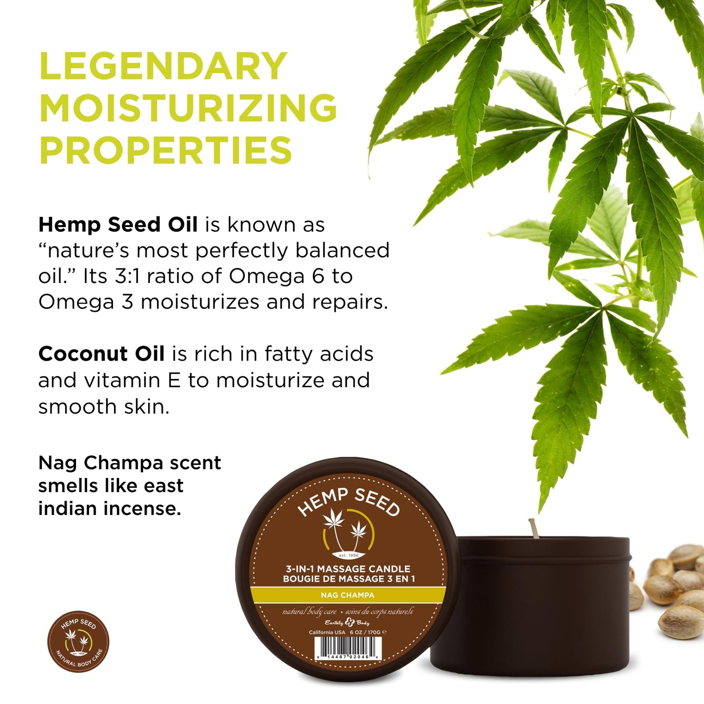 Hemp Seed 3-in-1 Massage Candle – Nag Champa, 6 oz | Vegan & Cruelty-Free
