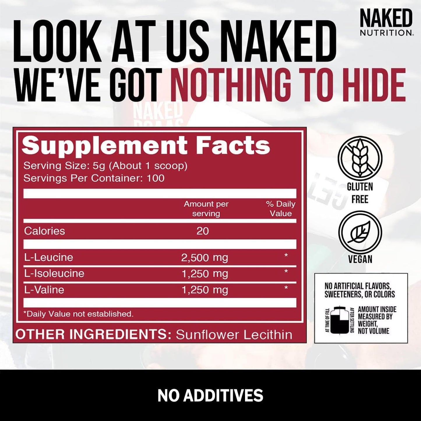 NAKED BCAAs Amino Acids Powder – 500g, 2:1:1, Vegan, Unflavored, 100 Servings