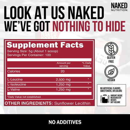 NAKED BCAAs Amino Acids Powder – 500g, 2:1:1, Vegan, Unflavored, 100 Servings