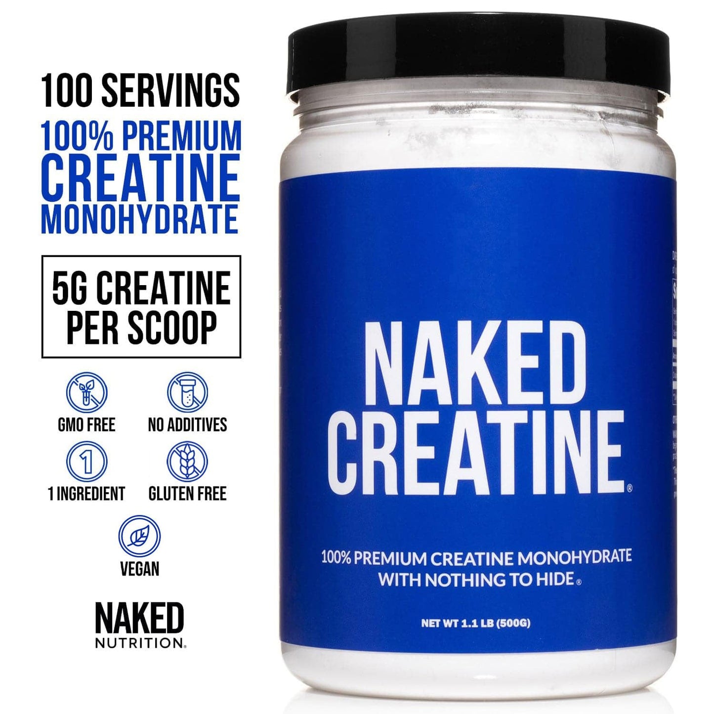 NAKED Pure Micronized Creatine Monohydrate Powder – Unflavored, 500g Bulk | Vegan, Non-GMO, Gluten-Free, Soy-Free | 100 Servings