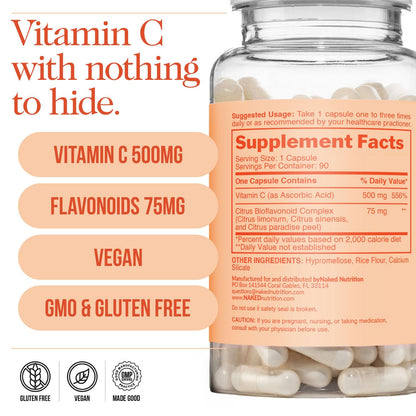 NAKED Vitamin C - 500mg Capsules with Citrus Bioflavonoids | Immune Support, Antioxidant | Made in USA