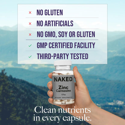 Naked Zinc Carnosine - Gut Lining & Stomach Support, Immune Function | Vegan & Gluten-Free, 17mg, 60 Capsules