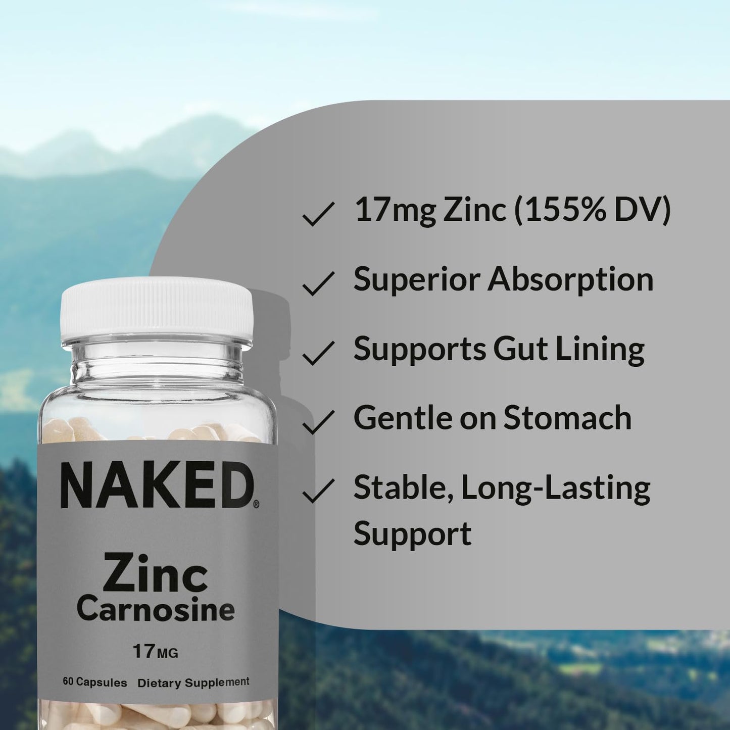 Naked Zinc Carnosine - Gut Lining & Stomach Support, Immune Function | Vegan & Gluten-Free, 17mg, 60 Capsules