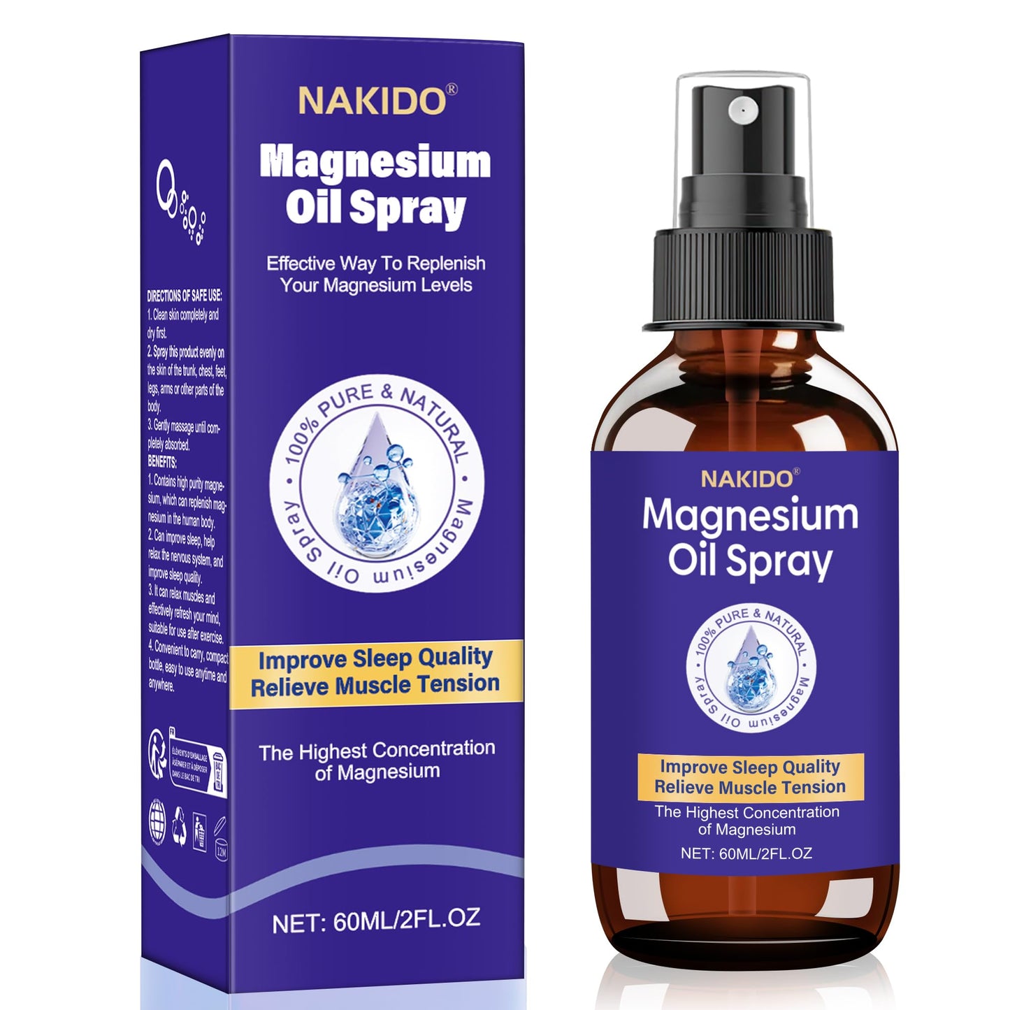 Nakido Magnesium Spray – 100% Pure Dead Sea Magnesium Oil for Sleep & Muscle Relief | 2.0 FL OZ