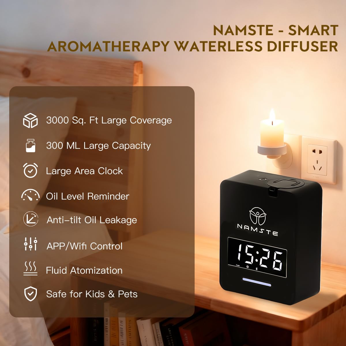 Namste Smart Waterless Diffuser — HVAC Scent Machine with Clock & Bluetooth, 3000 Sq Ft Coverage