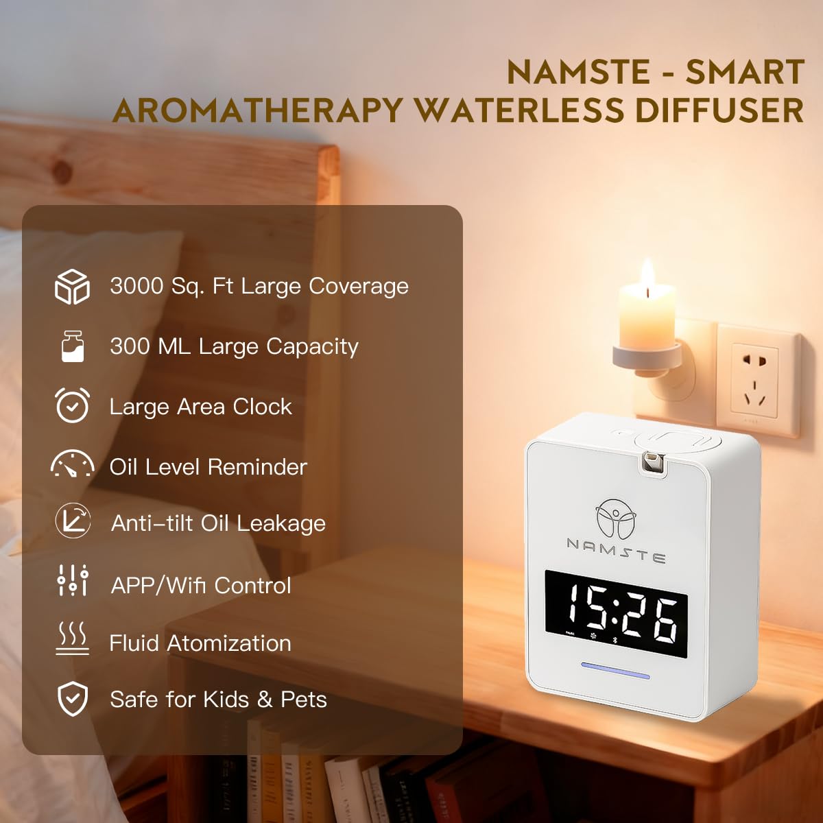 Namste Waterless Diffuser: 3000 sq ft HVAC Diffusion with Clock & Bluetooth